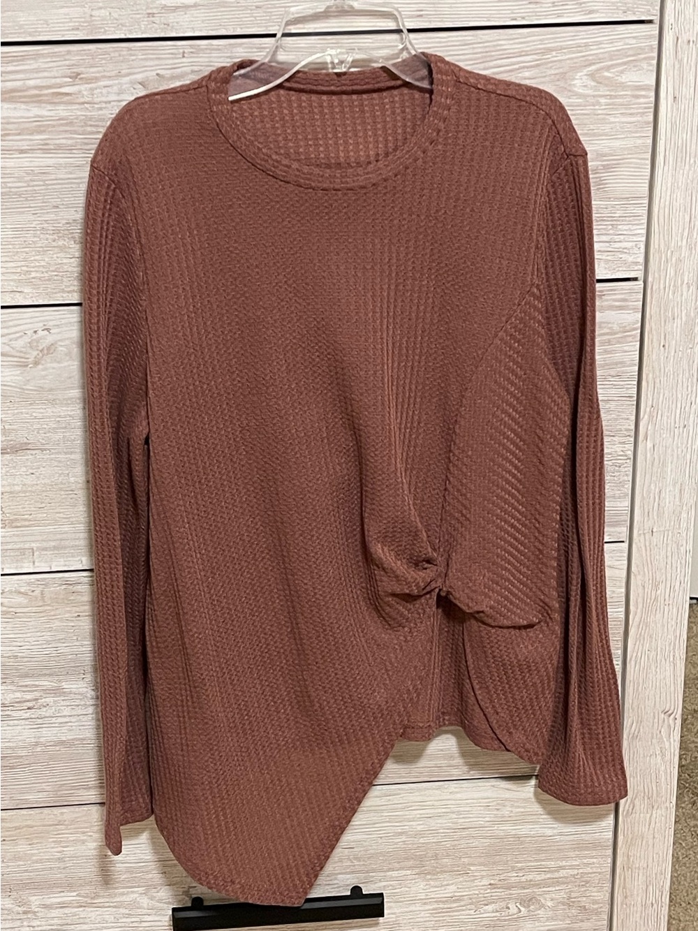 SHEIN Mauve Waffle Knit Asymmetrical Twist Hem Long Sleeve Top Size L
